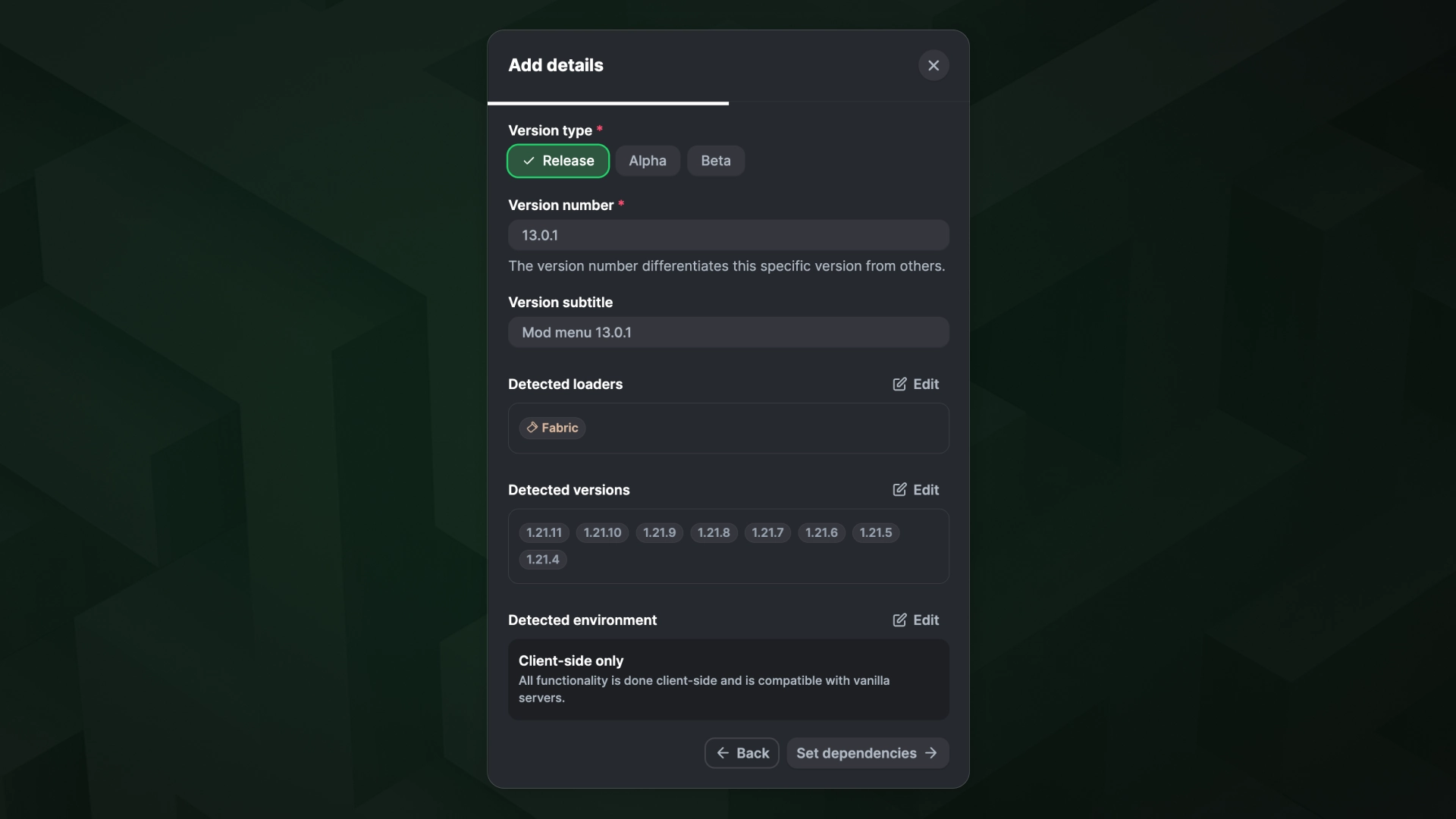 Add details stage of the upload modal, where the user selects version type, number, subtitle, and can edit loaders, game versions, and environment metadata.